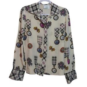 Francesca of Damon Vintage 80s Silk Plaid Pocket Watch Print Chic Preppy Size 8
